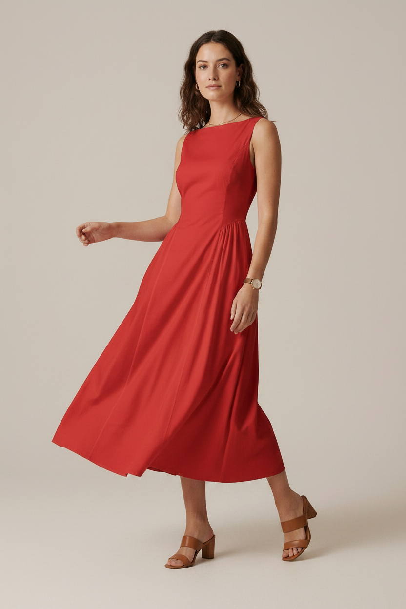 A woman modeling a sleeveless red midi dress with a boat neckline and gathered waist, paired with brown loafers, against a plain beige studio background.