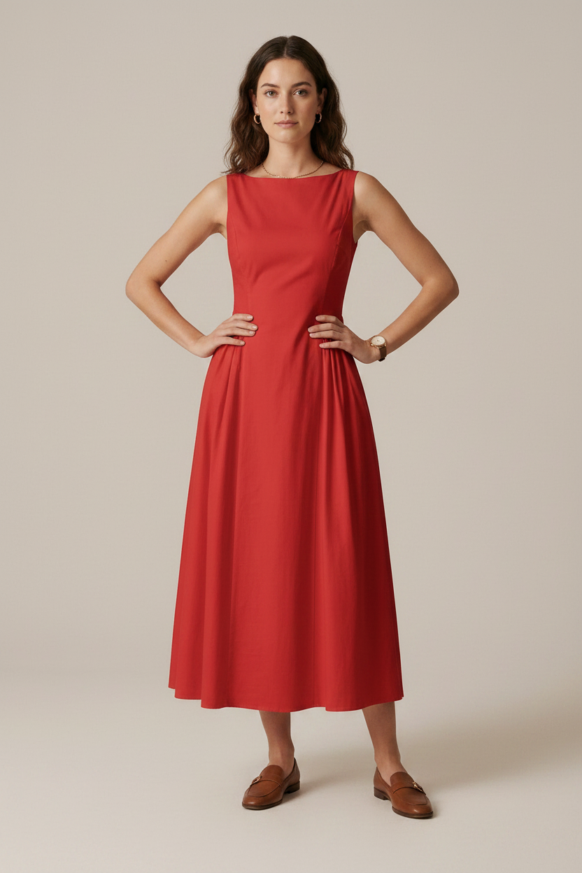 A woman modeling a sleeveless red midi dress with a boat neckline and gathered waist, paired with brown loafers, against a plain beige studio background.