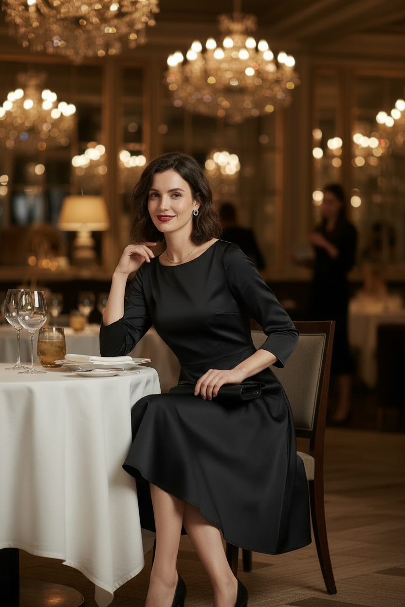 A woman stands in a luxurious, warmly lit restaurant or event space wearing a black satin three-quarter sleeve midi dress and holding a black clutch.