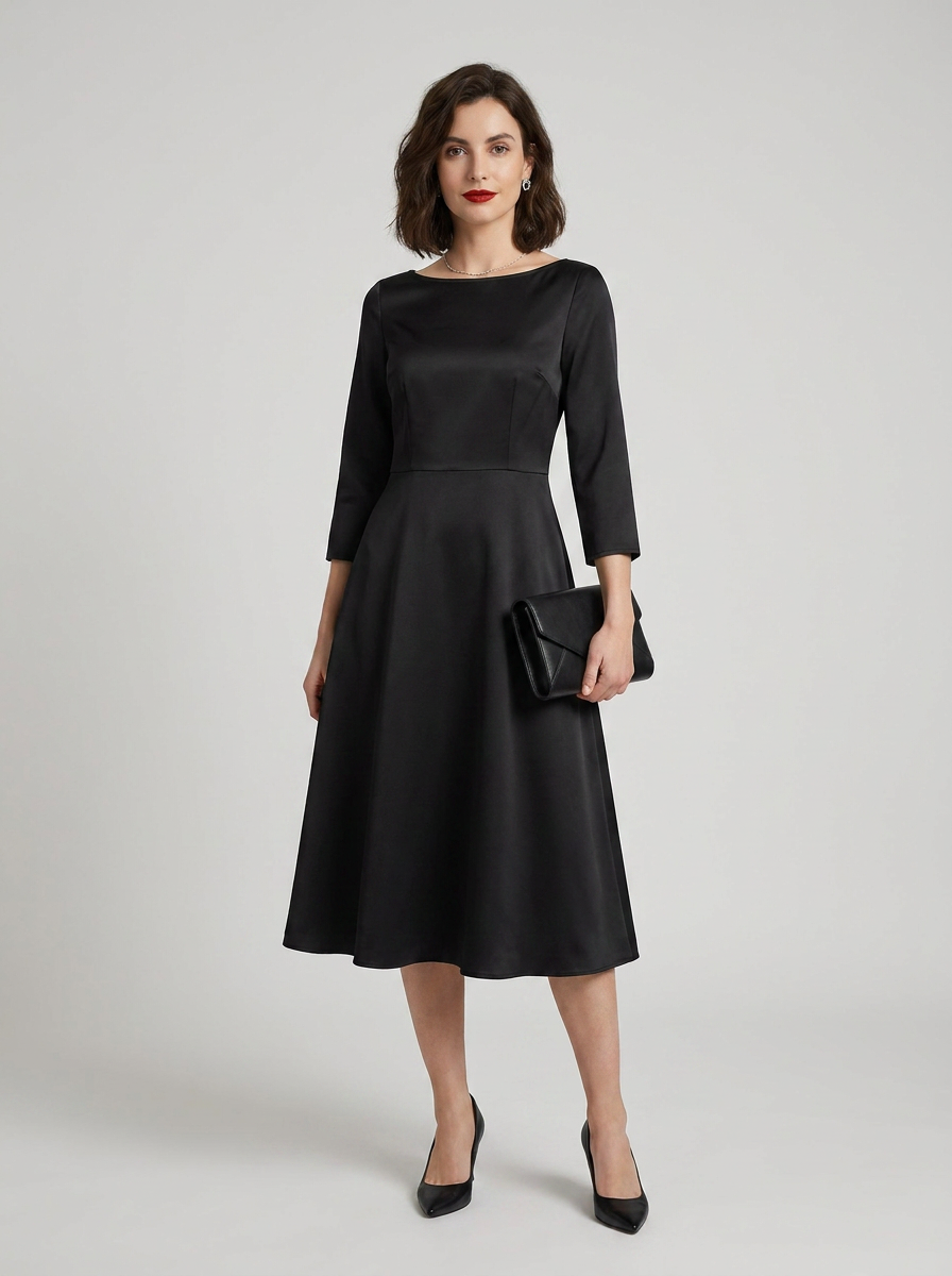 A woman modeling a black three-quarter sleeve fit-and-flare midi dress with a boat neckline, holding a black clutch purse against a light gray studio background.