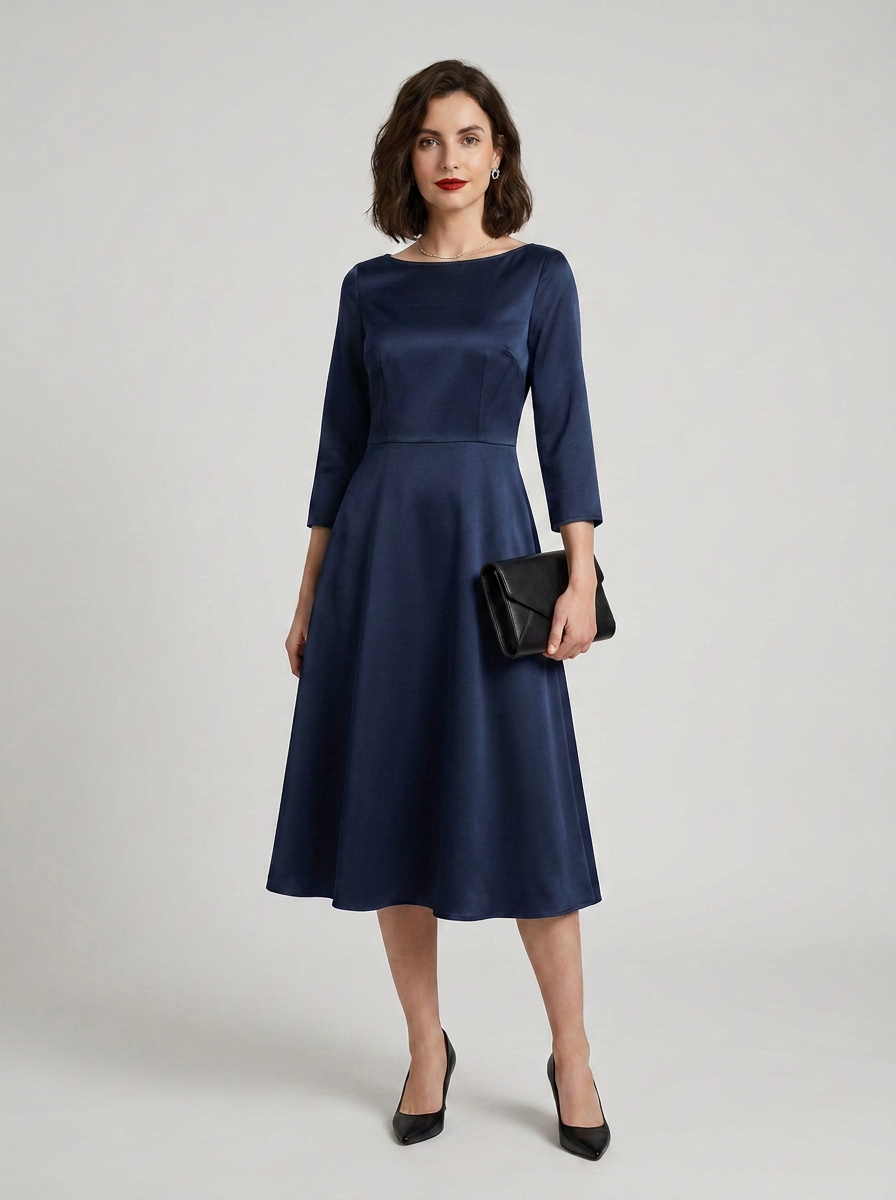 A woman models a navy blue satin midi dress with three-quarter sleeves, a boat neckline, and a flared skirt. She is holding a small black clutch and wearing black pointed-toe heels against a light gray studio background.