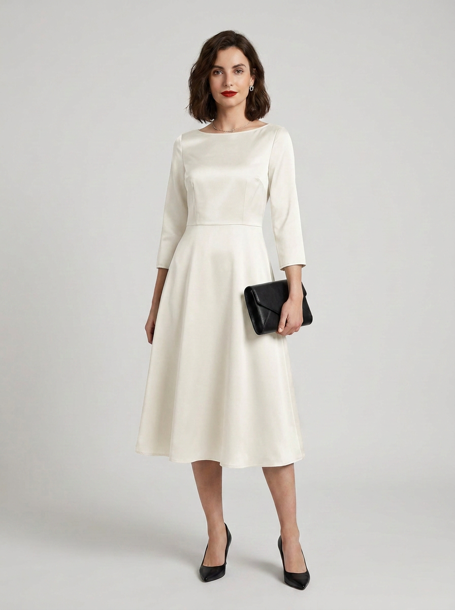 A woman models a cream-colored three-quarter sleeve midi dress with a boat neckline and a flared skirt, holding a small black clutch purse against a light gray studio background.