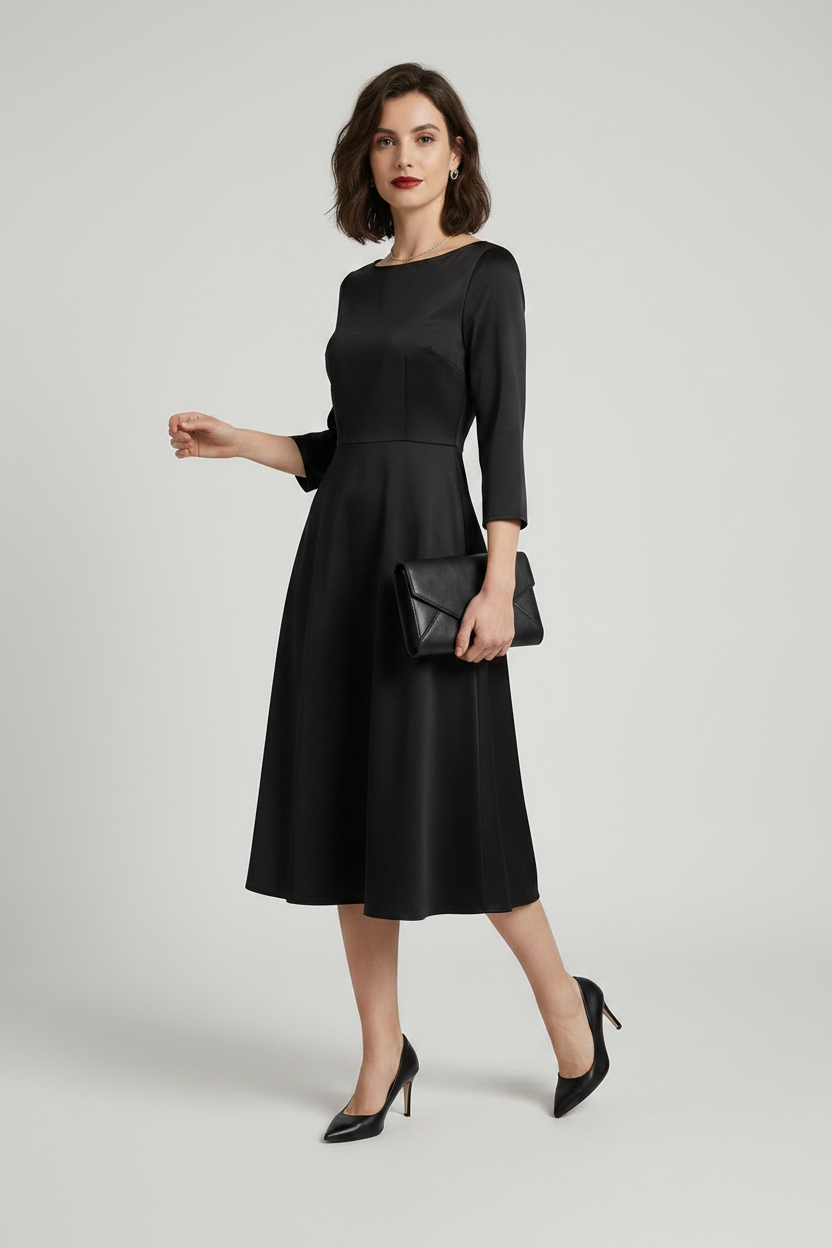 A woman modeling a black three-quarter sleeve fit-and-flare midi dress with a boat neckline, holding a black clutch purse against a light gray studio background.
