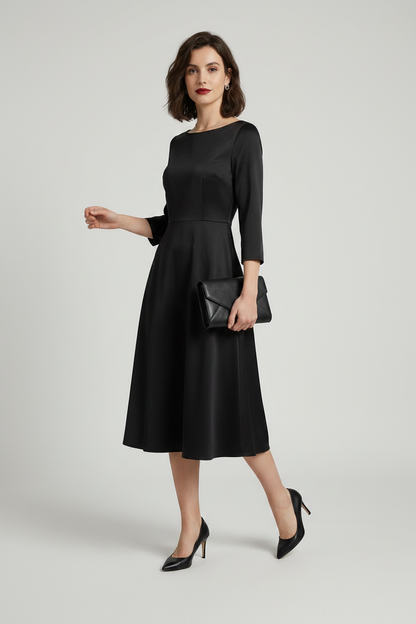 A woman modeling a black three-quarter sleeve fit-and-flare midi dress with a boat neckline, holding a black clutch purse against a light gray studio background.