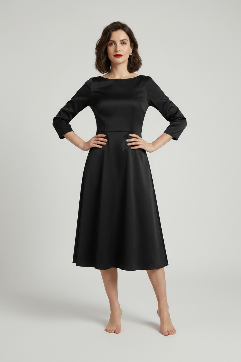 A woman modeling a black three-quarter sleeve fit-and-flare midi dress with a boat neckline, holding a black clutch purse against a light gray studio background.