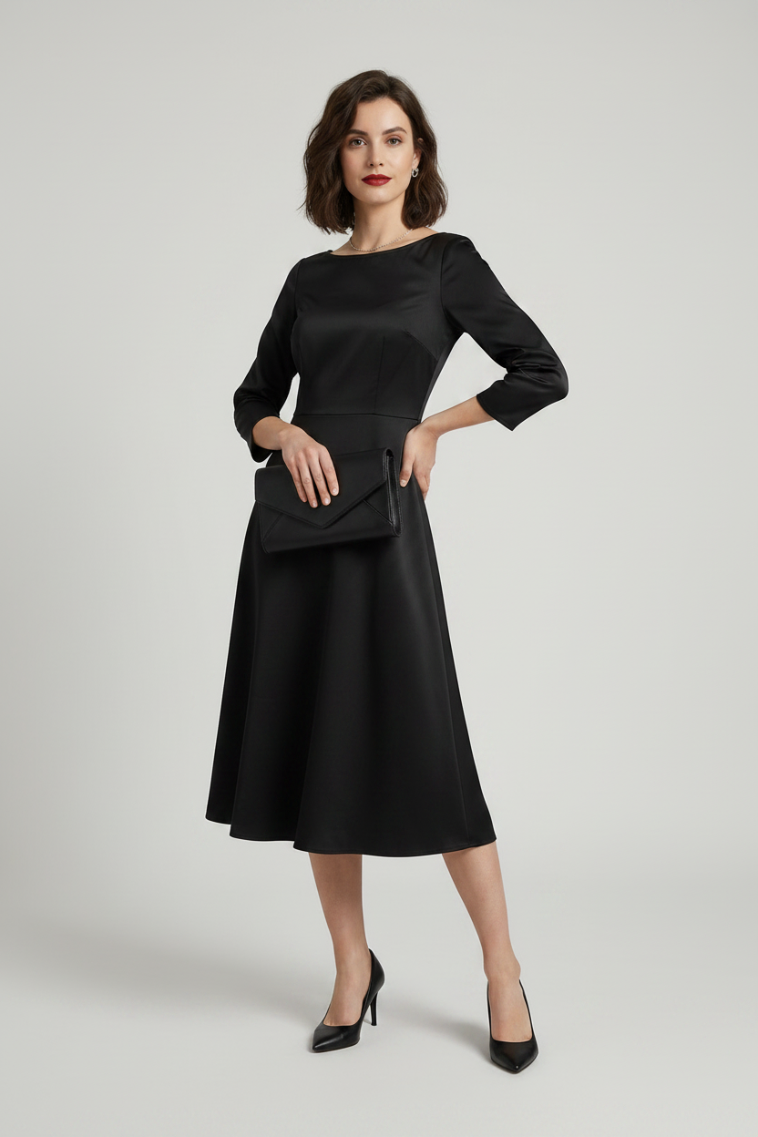 A woman modeling a black three-quarter sleeve fit-and-flare midi dress with a boat neckline, holding a black clutch purse against a light gray studio background.