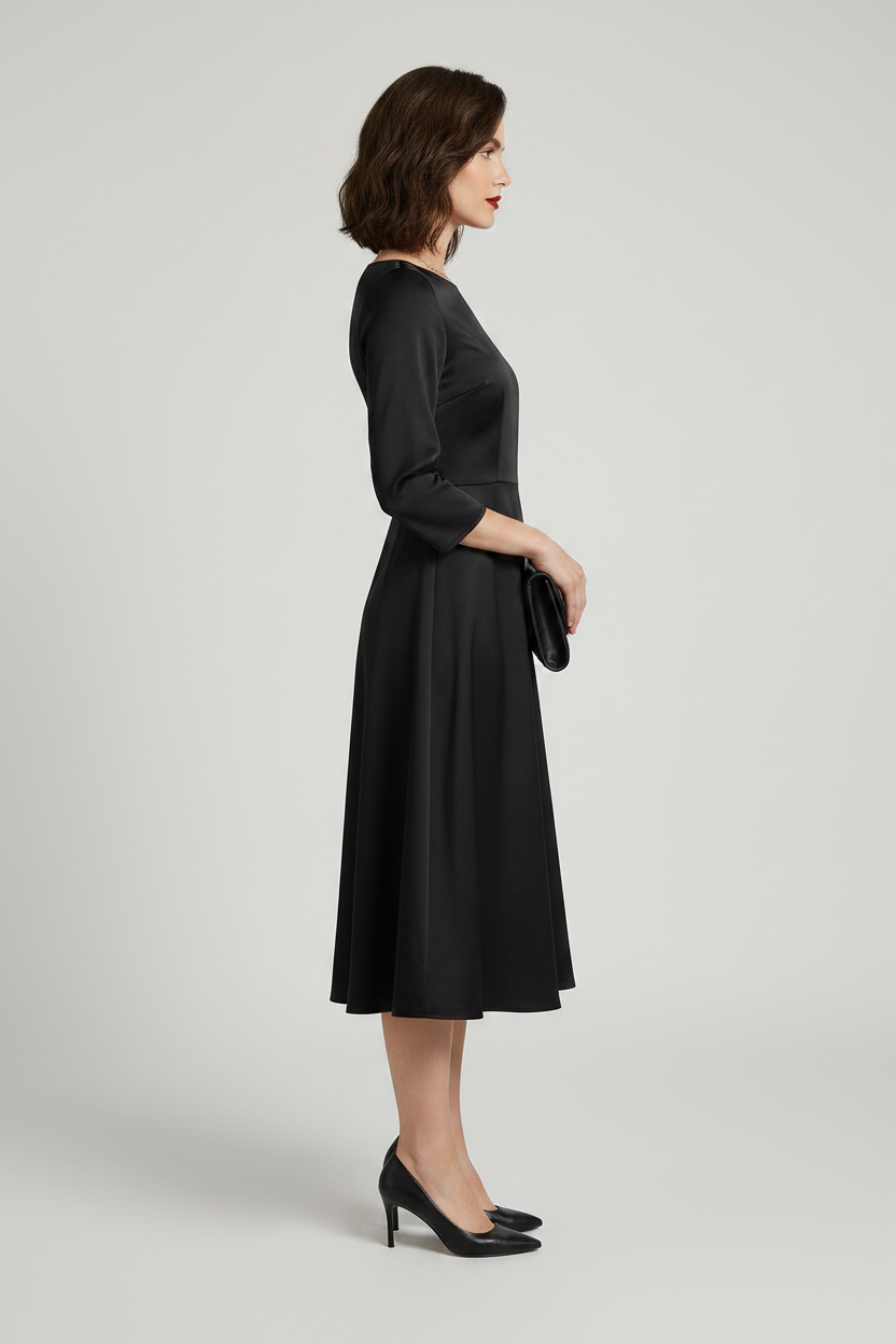 A woman modeling a black three-quarter sleeve fit-and-flare midi dress with a boat neckline, holding a black clutch purse against a light gray studio background.