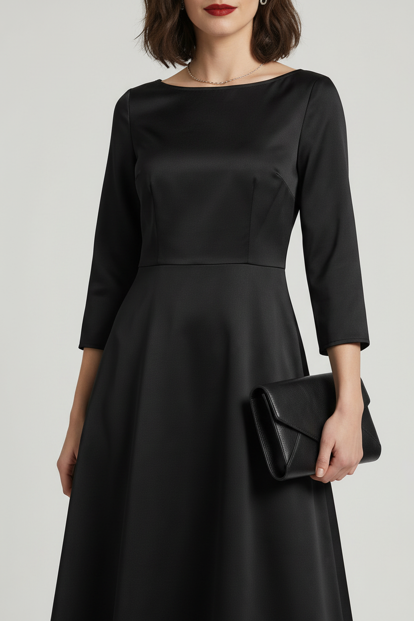 A woman modeling a black three-quarter sleeve fit-and-flare midi dress with a boat neckline, holding a black clutch purse against a light gray studio background.