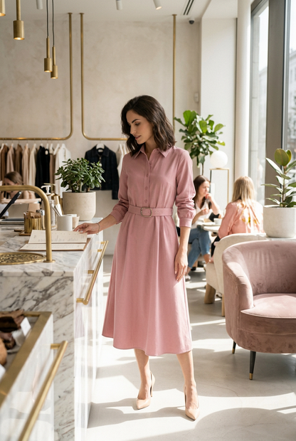 A woman modeling a dusty pink long-sleeve midi shirt dress with a matching belt and silver buckle, styled with beige heels against a plain white studio background.