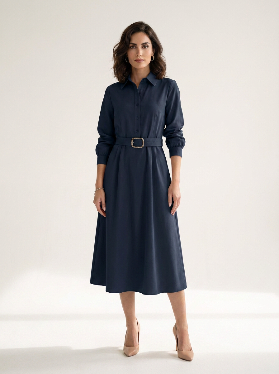 A woman modeling a navy blue midi shirt dress with a matching belt and gold-tone buckle, standing against a clean off-white studio background.