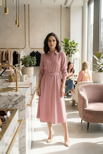 A woman wearing a dusty pink midi shirt dress with a matching belt and beige heels walks through a modern, sunlit boutique interior.