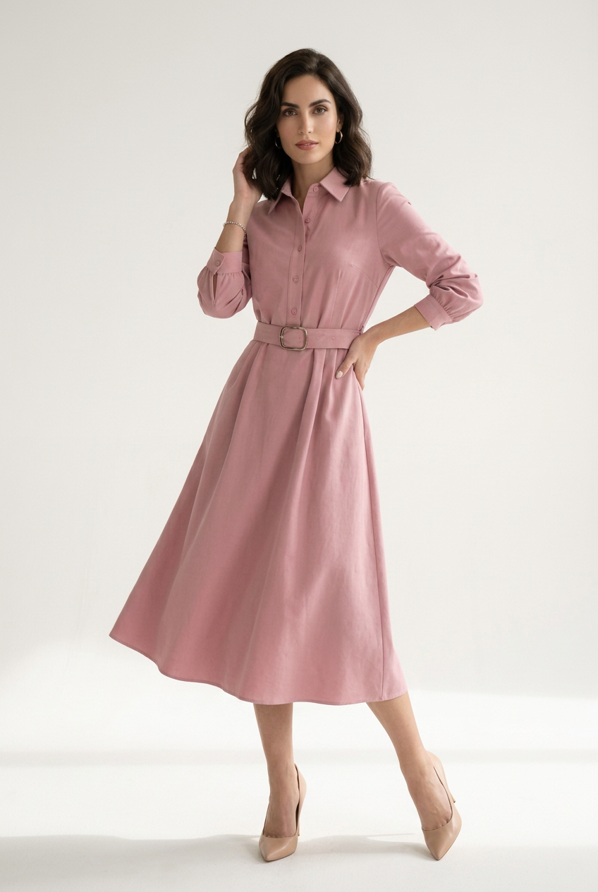 A woman modeling a dusty pink long-sleeve midi shirt dress with a matching belt and silver buckle, styled with beige heels against a plain white studio background.