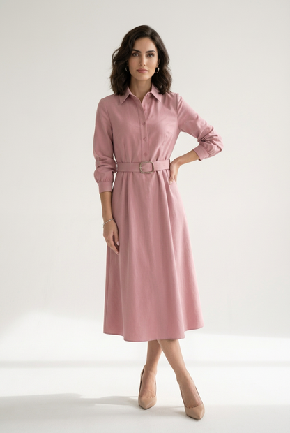 A woman modeling a dusty pink long-sleeve midi shirt dress with a matching belt and silver buckle, styled with beige heels against a plain white studio background.