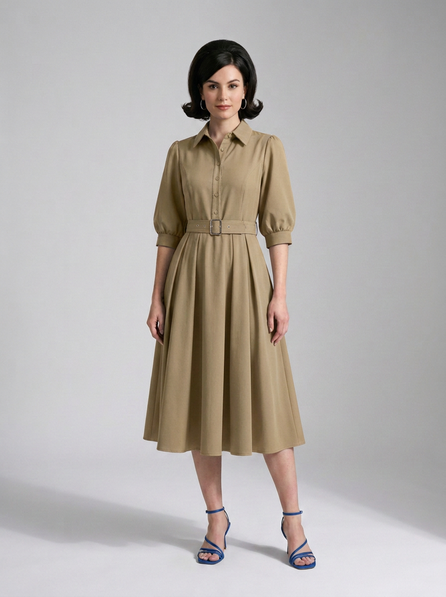 A woman models a mid-length khaki dress with a collar, button front, short puff sleeves, and a matching belt with a silver buckle. She is wearing blue strappy high-heeled sandals against a neutral gray studio background.