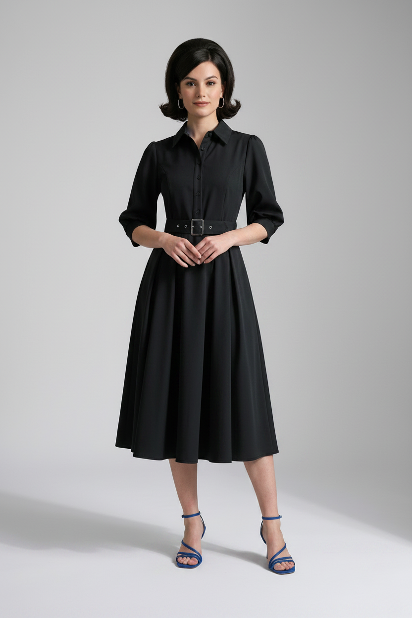 A woman modeling a black midi shirt dress with puff sleeves, a pointed collar, and a matching black belt with a silver buckle, paired with blue strappy heels against a light gray studio background.