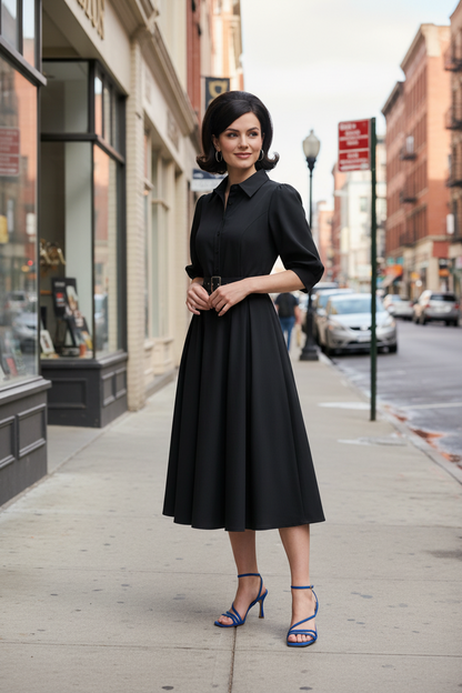 A woman modeling a black midi shirt dress with puff sleeves, a pointed collar, and a matching black belt with a silver buckle, paired with blue strappy heels against a light gray studio background.