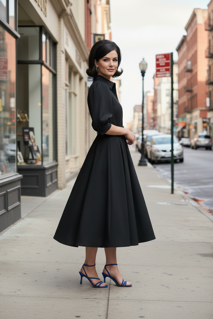 A woman stands on a city sidewalk wearing a black midi dress with puff sleeves, a pointed collar, and a fitted waist, paired with blue strappy high-heel sandals. Buildings and parked cars are visible in the background.