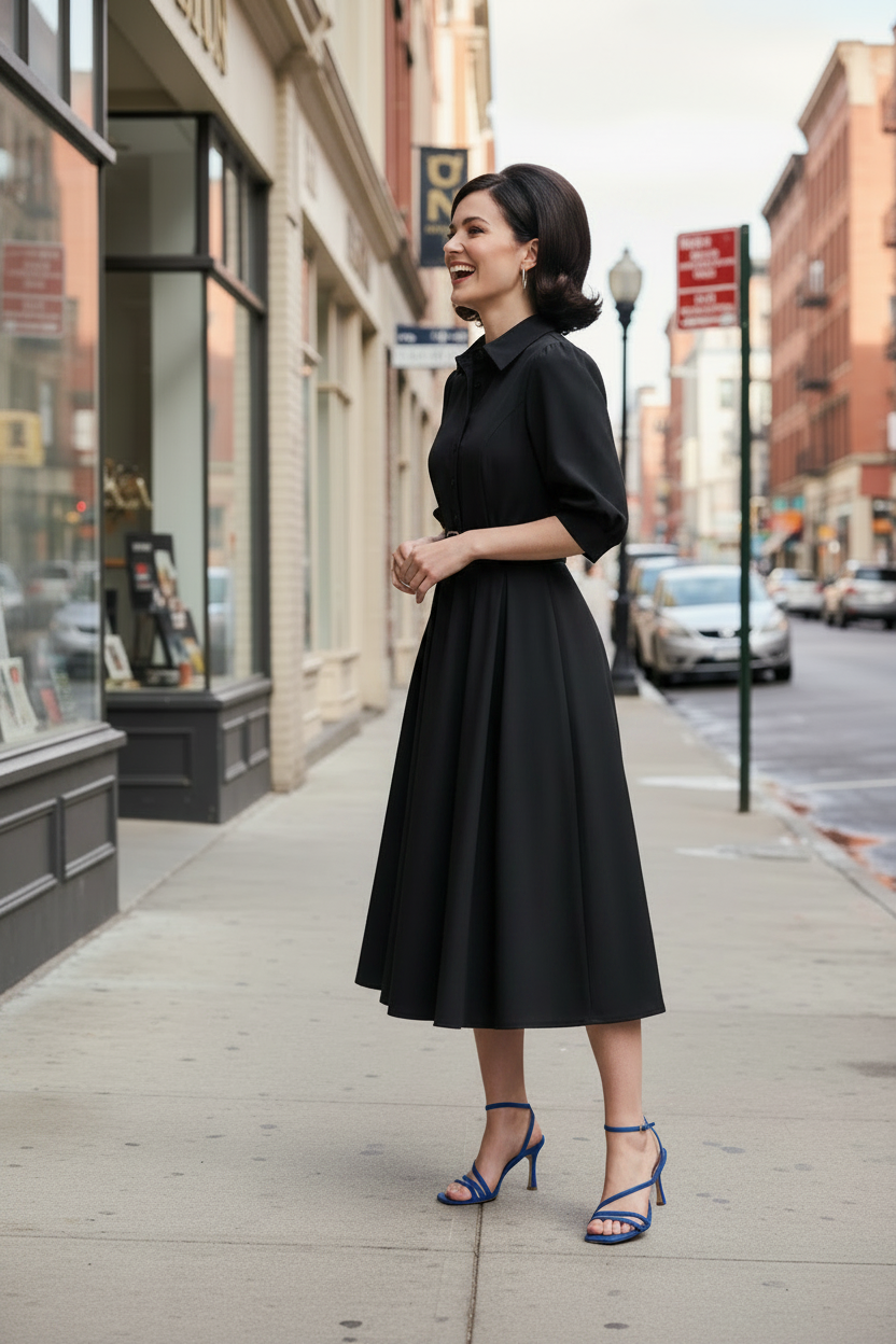 A woman stands on a city sidewalk wearing a black midi dress with puff sleeves, a pointed collar, and a fitted waist, paired with blue strappy high-heel sandals. Buildings and parked cars are visible in the background.