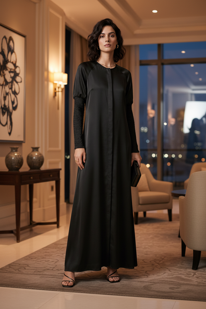 A woman modeling a long black maxi dress with long sleeves and a round neckline, standing against a light gray studio background.