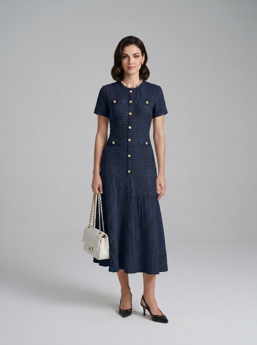 A woman modeling a short-sleeve navy blue textured midi dress with gold buttons, holding a white handbag and wearing black heels, against a light gray studio background.