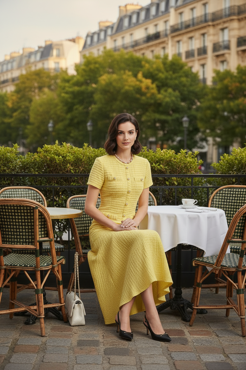 A woman stands on a Parisian-style outdoor terrace wearing a textured yellow short-sleeve midi dress with front buttons and flap pockets, holding a white handbag. Bistro chairs, tables with white tablecloths, and classic apartment buildings are visible in the background.