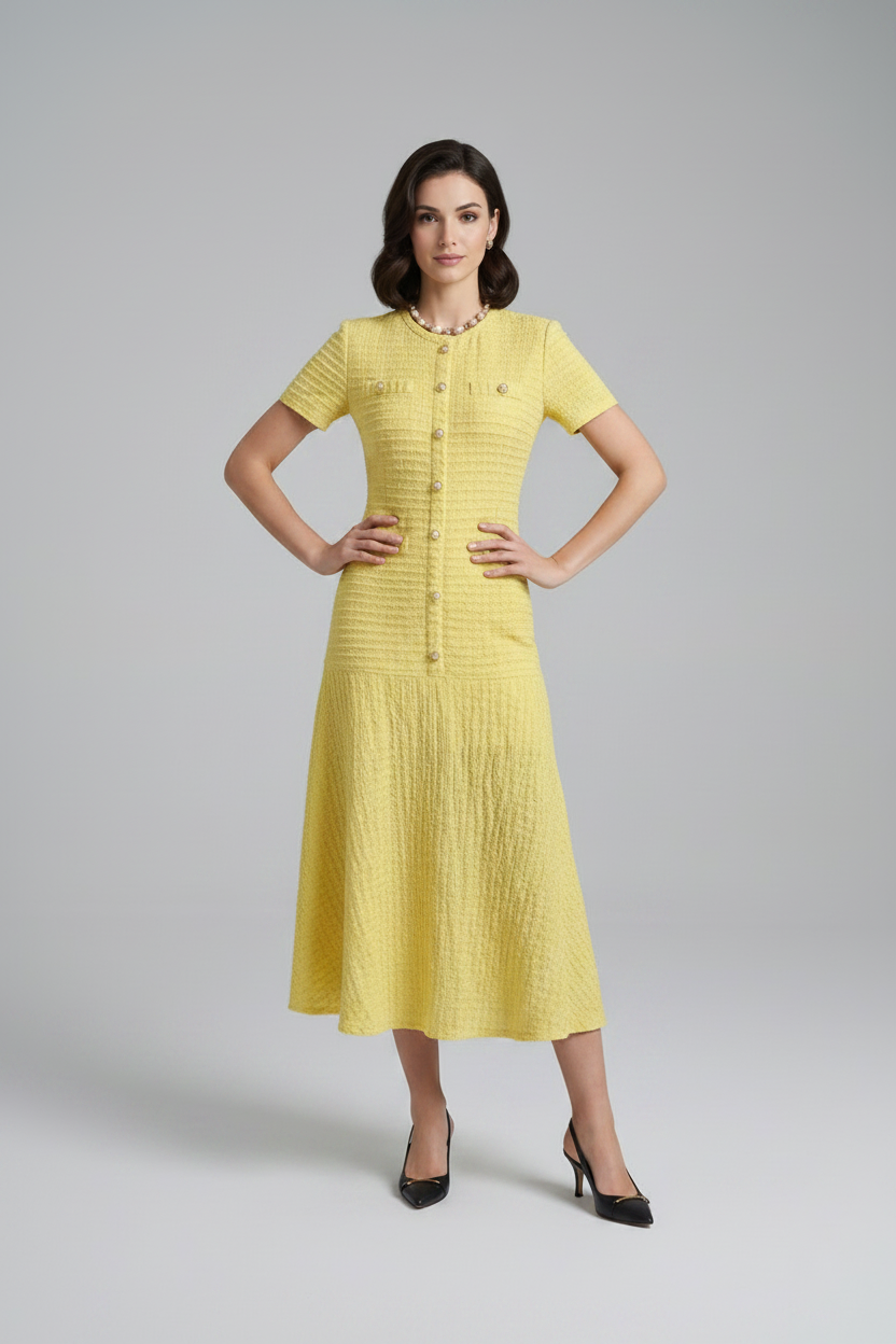 A woman models a textured pale yellow short-sleeve midi dress with a button-front bodice and pleated skirt, styled with a white handbag and black heels against a light gray studio background.