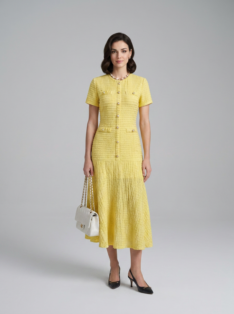 A woman models a textured pale yellow short-sleeve midi dress with a button-front bodice and pleated skirt, styled with a white handbag and black heels against a light gray studio background.