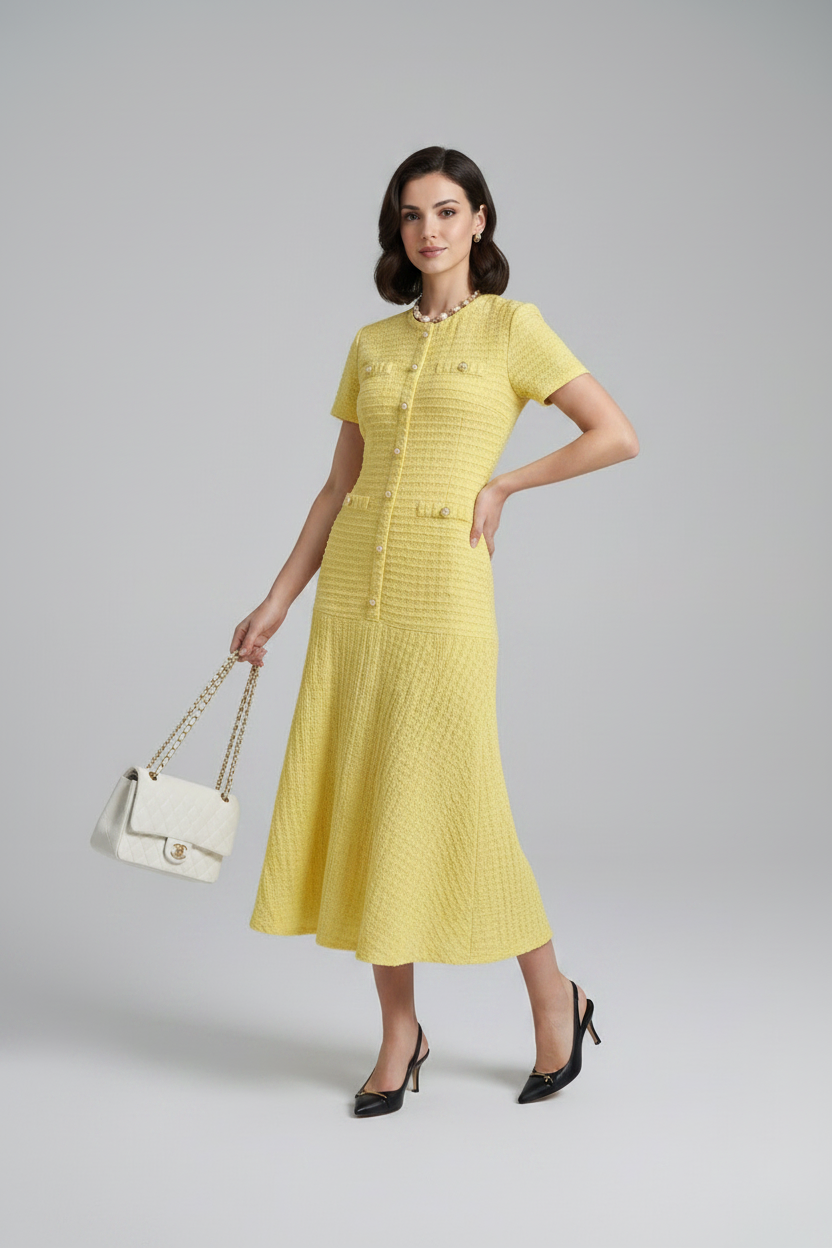 Button-Front Textured Tweed Midi Dress with Tiered Skirt