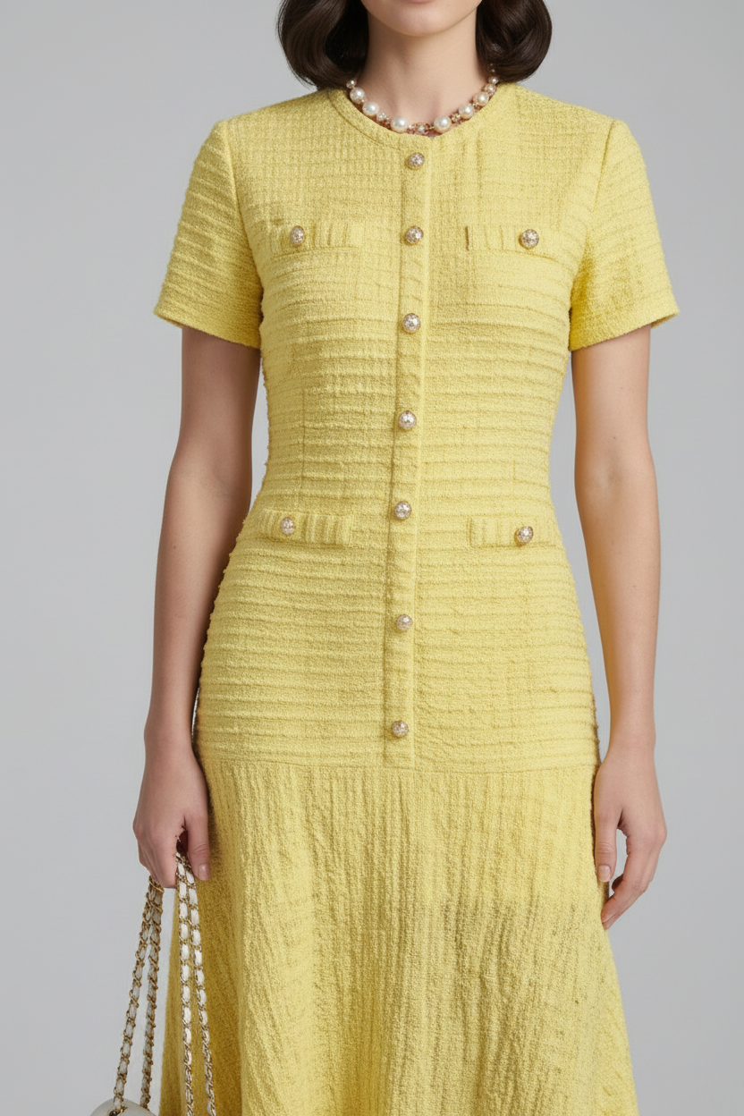 A woman wearing a pale yellow textured tweed dress with short sleeves, a pearl button front, and decorative pearl buttons on the chest pockets. She is also wearing a pearl necklace and holding a pearl chain handbag, set against a solid gray studio background.
