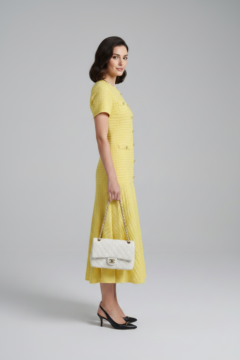 A woman models a textured pale yellow short-sleeve midi dress with a button-front bodice and pleated skirt, styled with a white handbag and black heels against a light gray studio background.