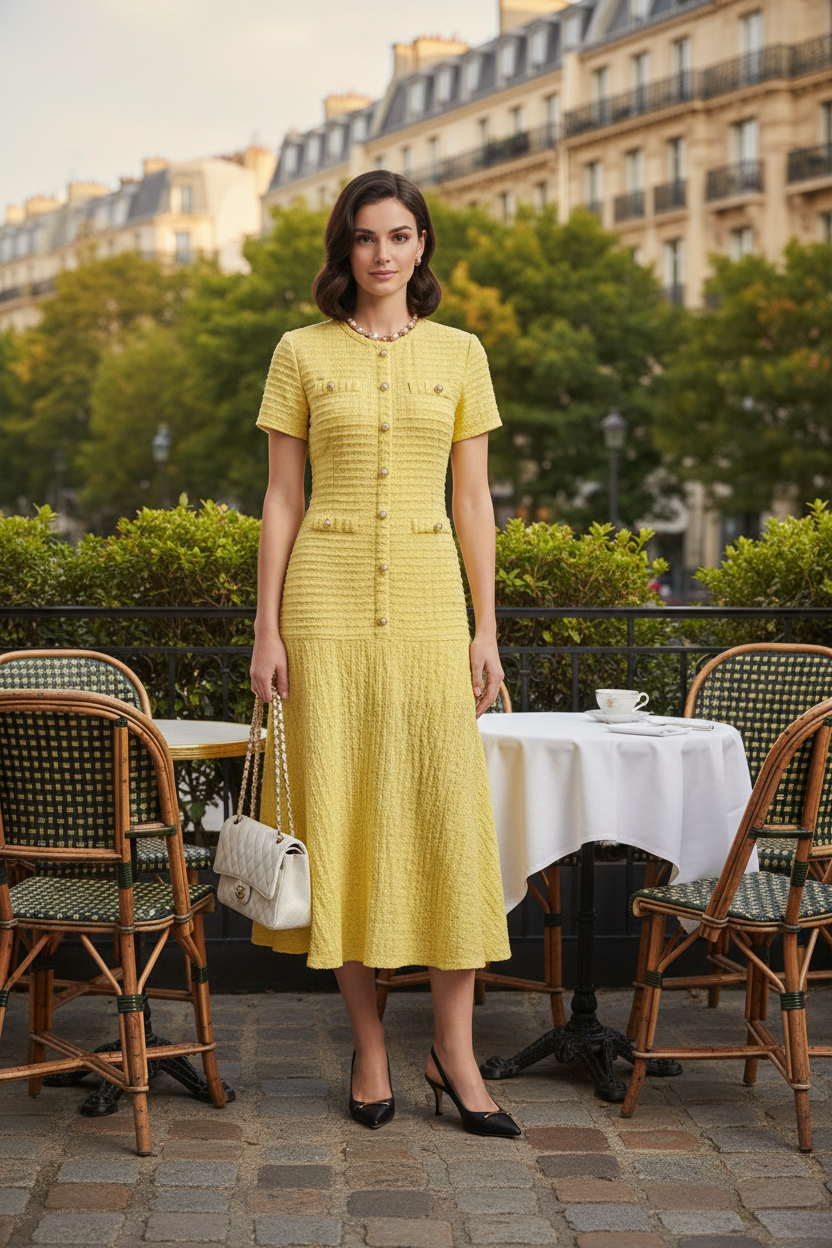A woman models a textured pale yellow short-sleeve midi dress with a button-front bodice and pleated skirt, styled with a white handbag and black heels against a light gray studio background.