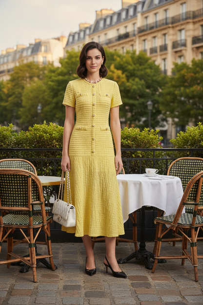 A woman models a textured pale yellow short-sleeve midi dress with a button-front bodice and pleated skirt, styled with a white handbag and black heels against a light gray studio background.