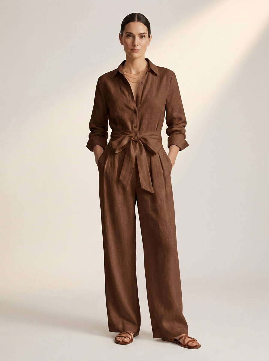 A woman stands against a warm off-white studio background wearing a brown long-sleeve linen jumpsuit with a tie waist and wide legs, paired with brown sandals.