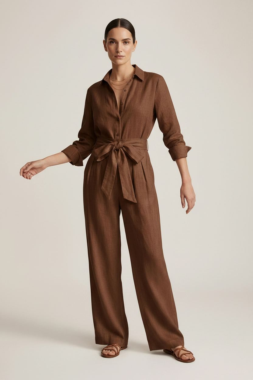 A woman stands against a warm off-white studio background wearing a brown long-sleeve linen jumpsuit with a tie waist and wide legs, paired with brown sandals.