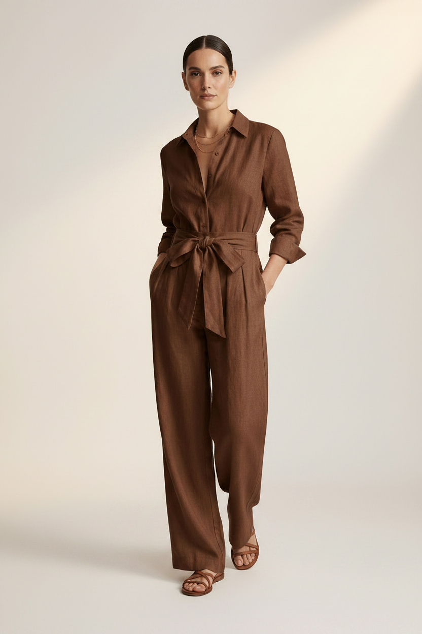 A woman stands against a warm off-white studio background wearing a brown long-sleeve linen jumpsuit with a tie waist and wide legs, paired with brown sandals.
