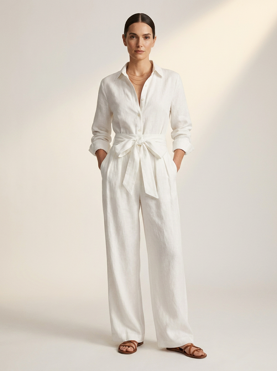 A woman modeling a white long-sleeve linen jumpsuit with a tie waist, standing against a warm off-white studio background.