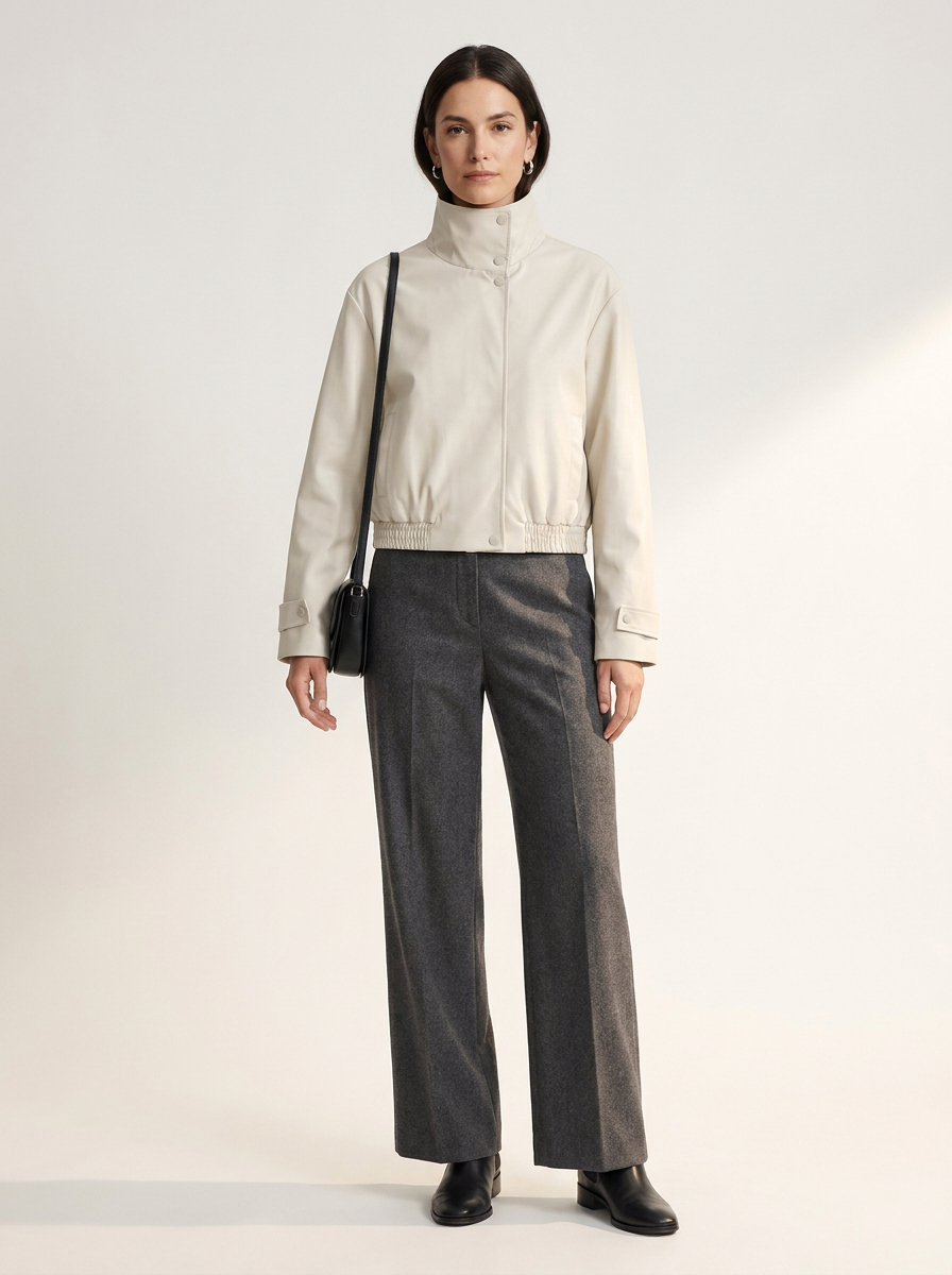 Stand Collar Cropped Bomber Jacket with Elasticated Hem, front view