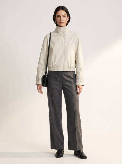 Stand Collar Cropped Bomber Jacket with Elasticated Hem, front view