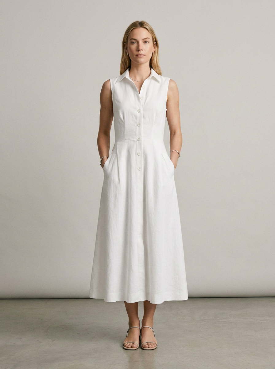 Sleeveless Stand Collar Button-Front Maxi Dress with Pockets in White, front view (1 of 2)