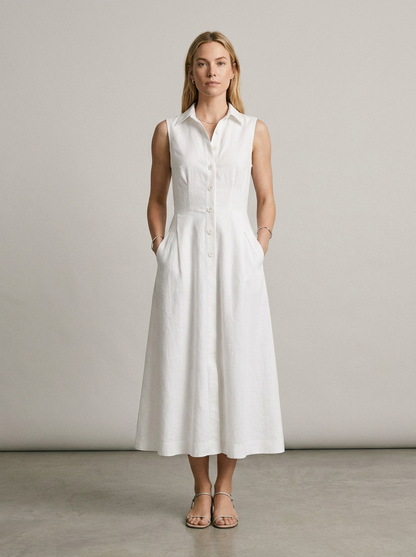 Sleeveless Stand Collar Button-Front Maxi Dress with Pockets in White, front view (1 of 2)