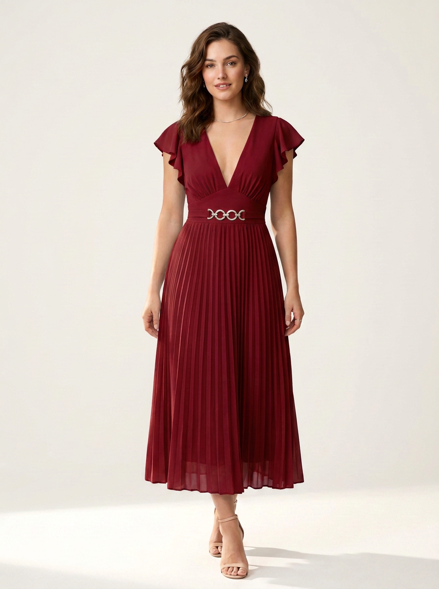 V-Neck Pleated Flutter Sleeve Midi Dress with Waist Detail in Wine Red