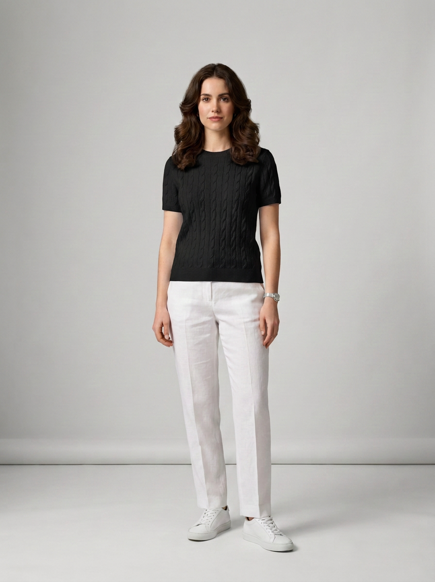 A woman stands in a studio wearing a black short-sleeve textured knit top, white trousers, and white sneakers against a light gray background.