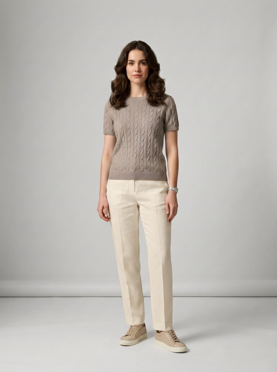 A woman stands in a studio wearing a taupe cable-knit short-sleeve top, off-white trousers, and beige sneakers against a light gray background.