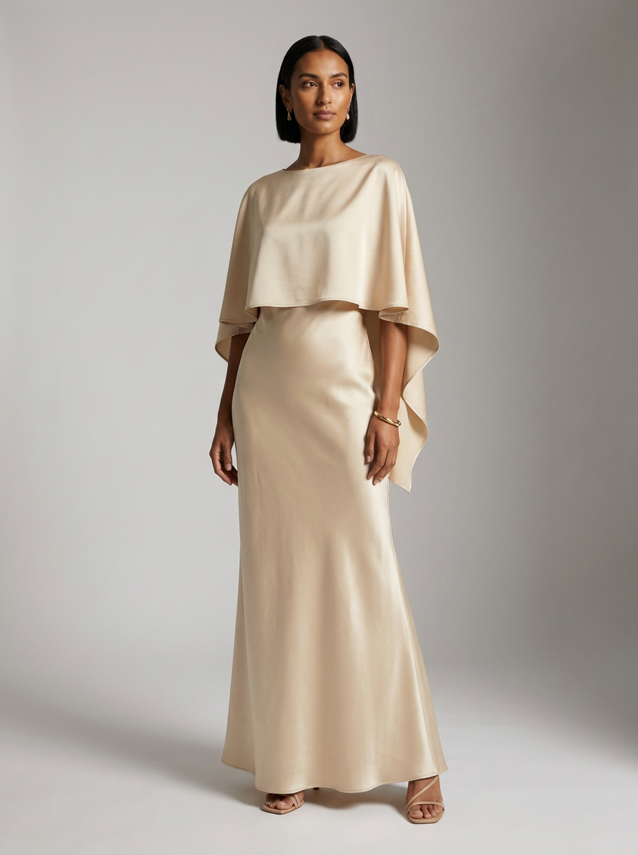 Cape Overlay Satin Maxi Evening Gown in Apricot, studio shot