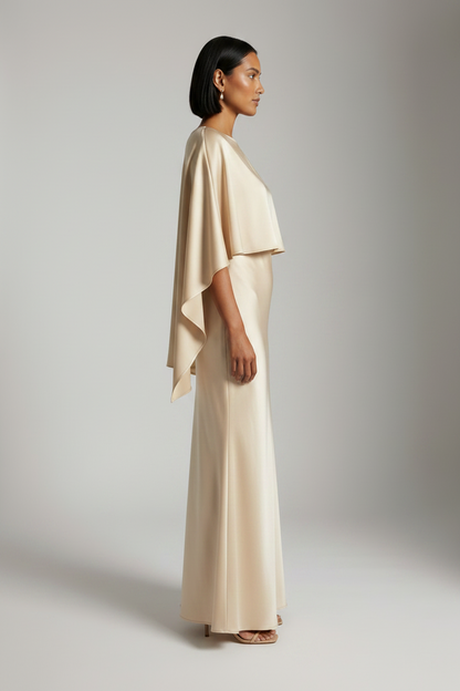 A woman modeling a floor-length champagne satin gown with a draped cape-style bodice and flared skirt, photographed against a neutral light gray studio background.