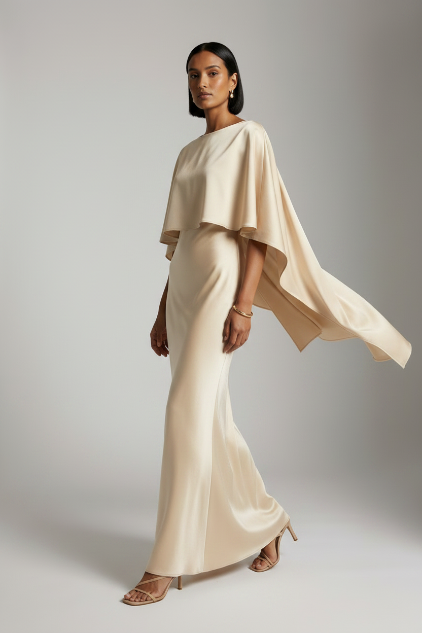 A woman modeling a floor-length champagne satin gown with a draped cape-style bodice and flared skirt, photographed against a neutral light gray studio background.