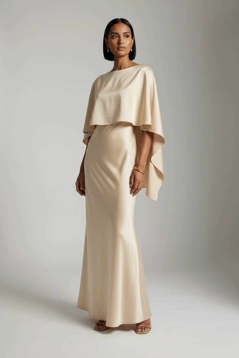 A woman modeling a floor-length champagne satin gown with a draped cape-style bodice and flared skirt, photographed against a neutral light gray studio background.