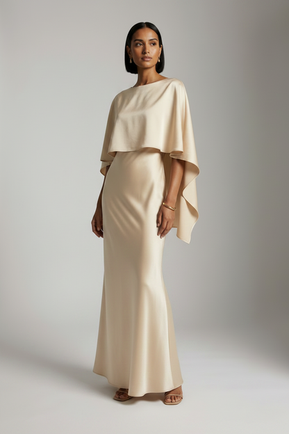 A woman modeling a floor-length champagne satin gown with a draped cape-style bodice and flared skirt, photographed against a neutral light gray studio background.