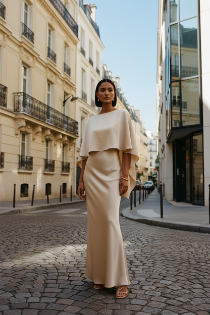 A woman modeling a floor-length champagne satin gown with a draped cape-style bodice and flared skirt, photographed against a neutral light gray studio background.
