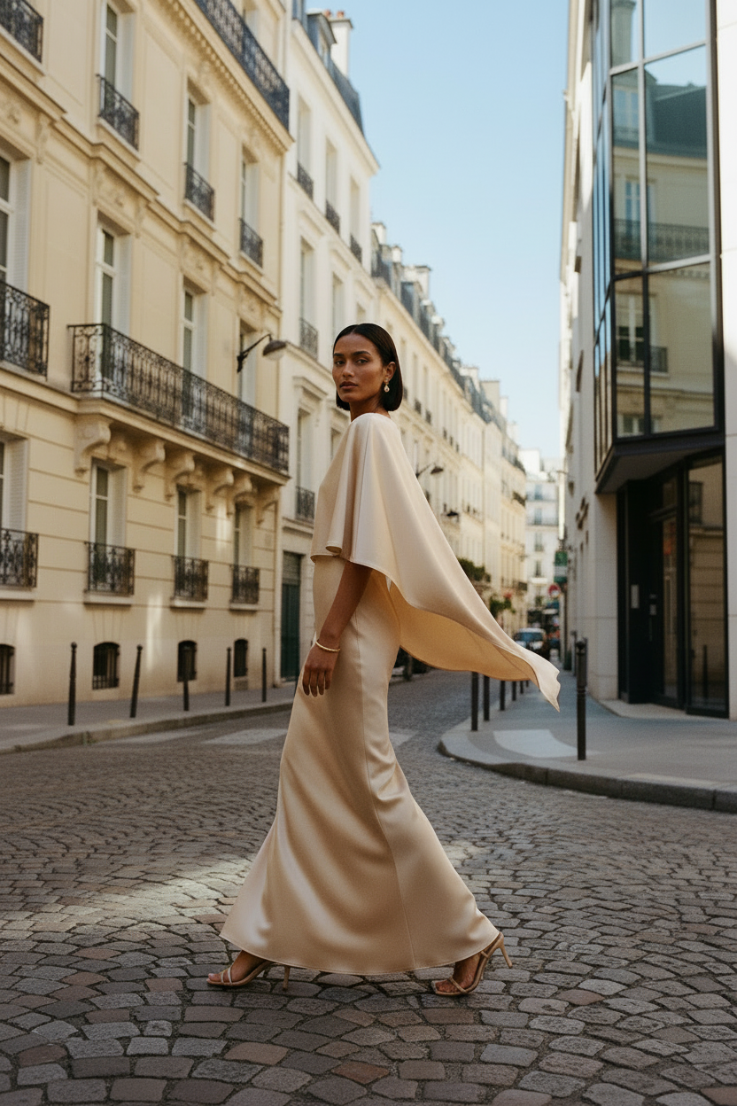 A woman stands on a cobblestone street wearing a floor-length beige gown with a draped cape-style bodice and flared sleeves. The background shows classic urban buildings under a clear blue sky.